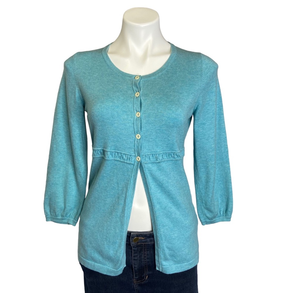 BODEN Cardigan Sweater Half Button Cotton Blend Peplum Pastel Blue Size 10